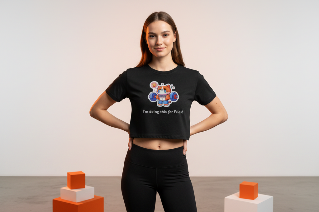 Women's Crop Tee — Cute Gym Cat Weightlifting 'I'm doing this for Fries!' Graphic