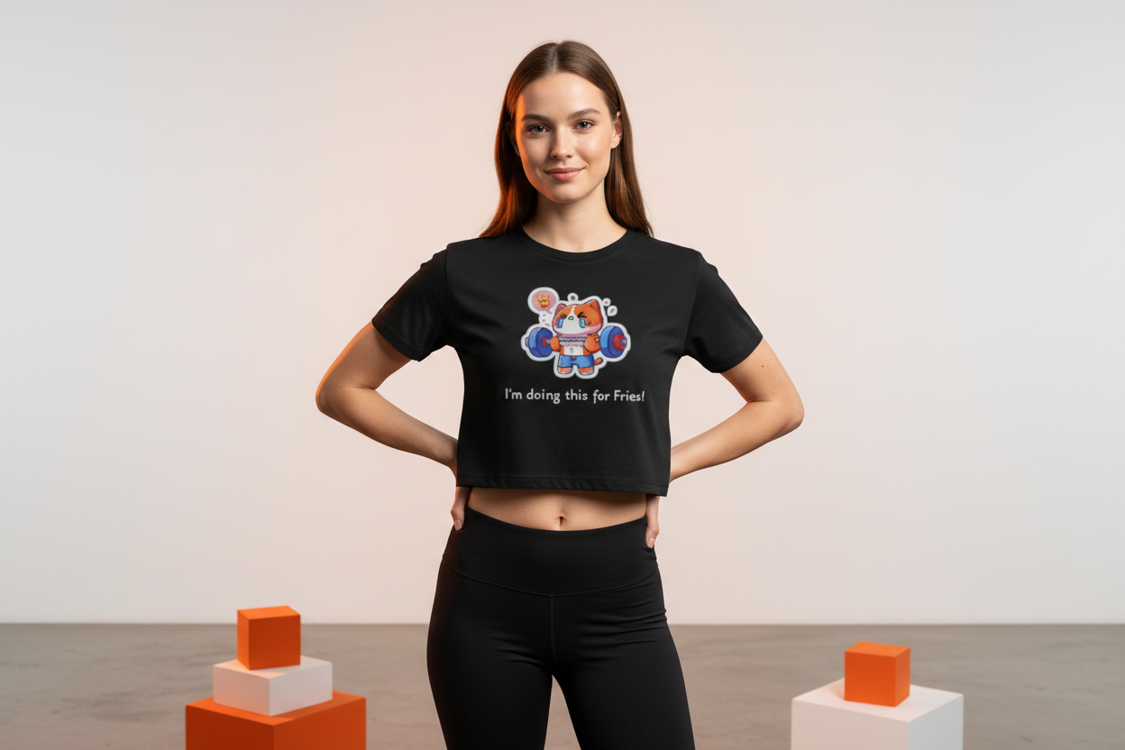Women's Crop Tee — Cute Gym Cat Weightlifting 'I'm doing this for Fries!' Graphic