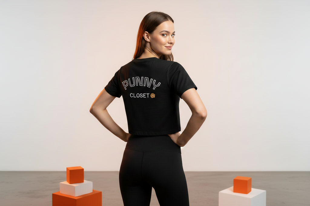 Women's Crop Tee — Cute Gym Cat Weightlifting 'I'm doing this for Fries!' Graphic