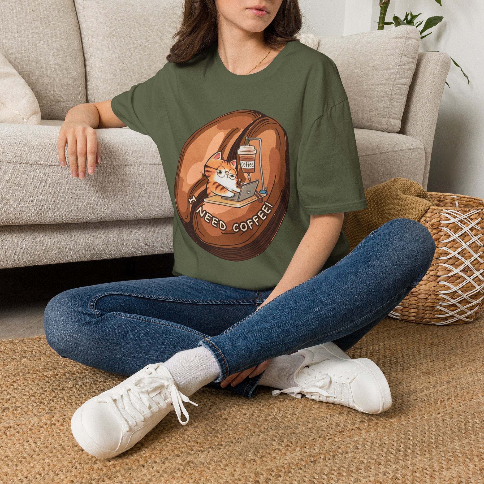 I Need Coffee Cat T-Shirt – Funny Cat Graphic Tee