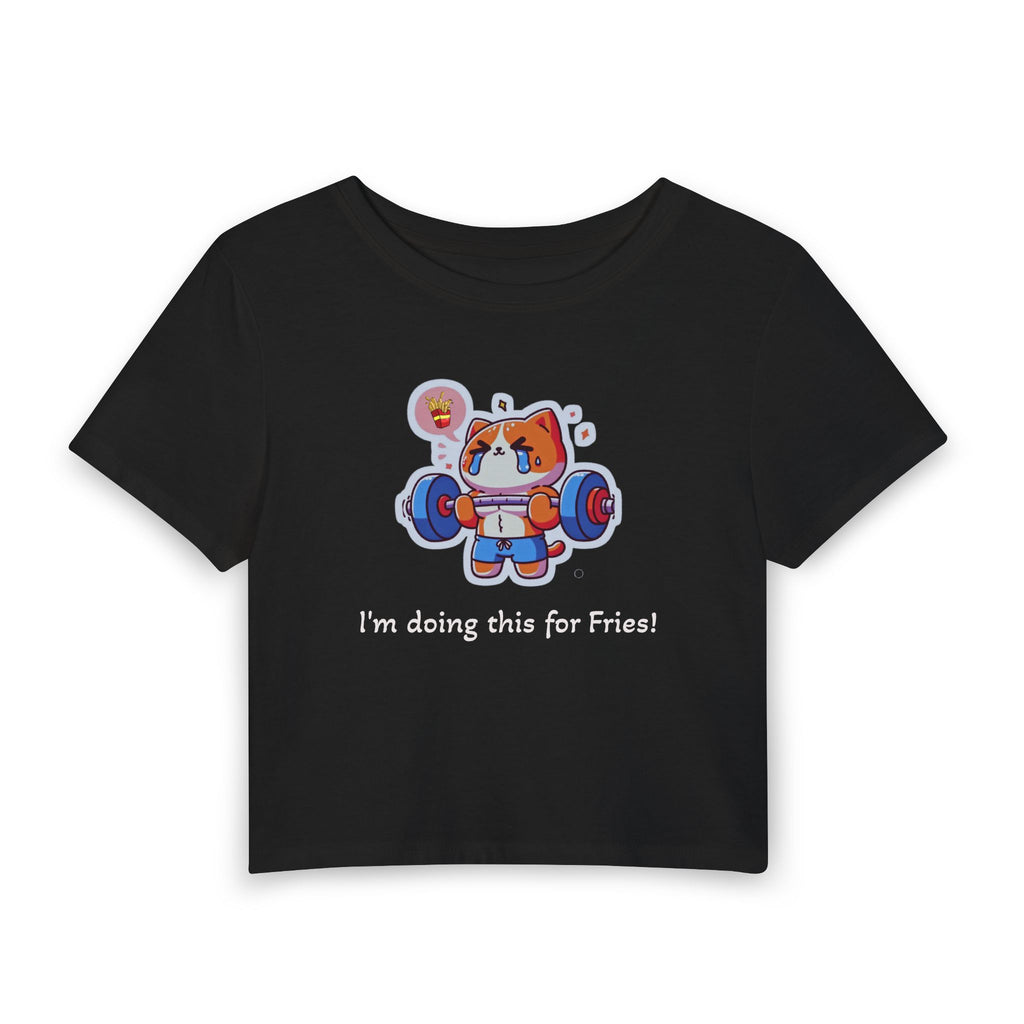 Women's Crop Tee — Cute Gym Cat Weightlifting 'I'm doing this for Fries!' Graphic