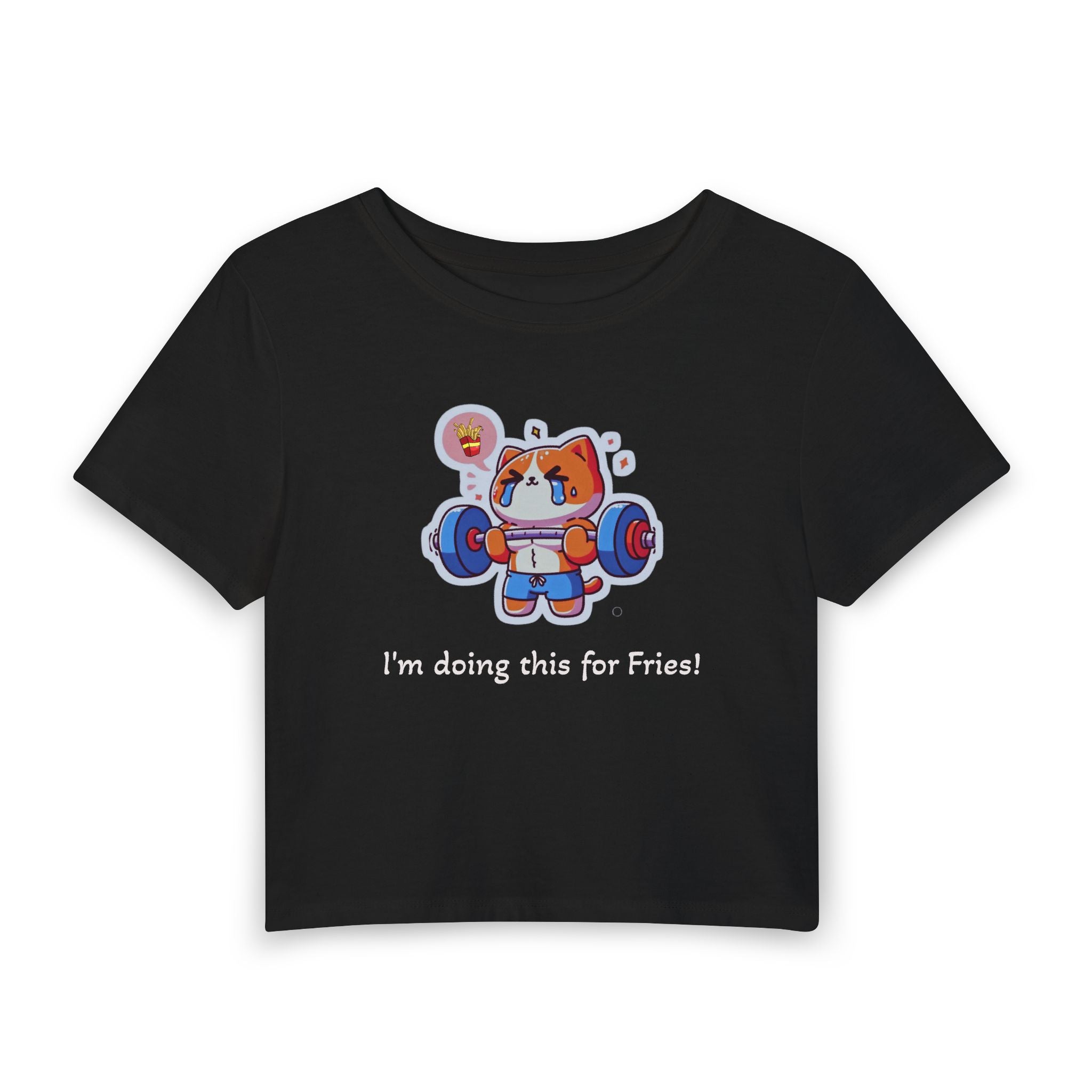 Women's Crop Tee — Cute Gym Cat Weightlifting 'I'm doing this for Fries!' Graphic